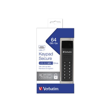 Verbatim USB flash disk, USB 3.0 / 3.1 Gen 1, 64GB, Keypad Secure, czarny, 49431, 256bitowe szyfrowanie AES, LED złącze USB C