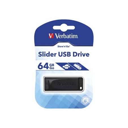 Verbatim USB flash disk, USB 2.0, 64GB, Slider, czarny, 98698, USB A, z wysuwanym złączem