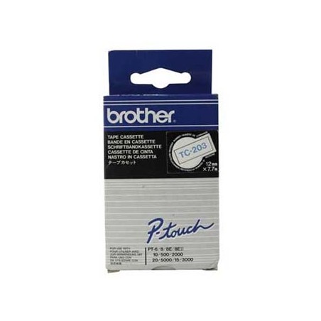 Brother oryginalny taśma do drukarek etykiet, Brother, TC-203, niebieski druk/biały podkład, laminowane, 7.7m, 12mm