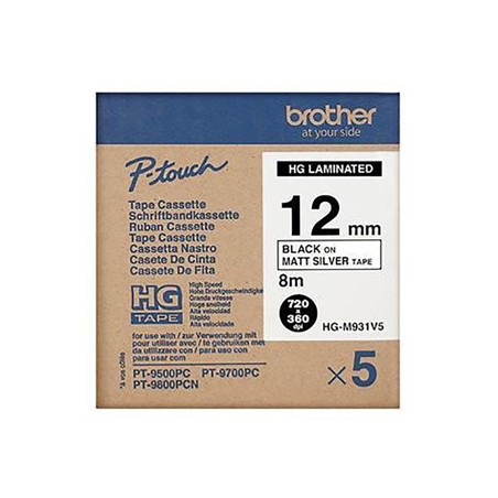 Brother oryginalny taśma do drukarek etykiet, Brother, HGE-M931, czarny druk/srebny mat podkład, 8m, 12mm, 5 SZT. W OPAKOWANIU, 