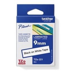 Brother oryginalny taśma do drukarek etykiet, Brother, TZE-221, czarny druk/biały podkład, laminowane, 8m, 9mm