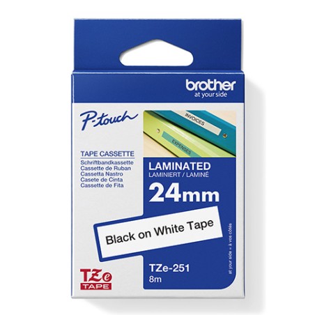 Brother oryginalny taśma do drukarek etykiet, Brother, TZE-251, czarny druk/biały podkład, laminowane, 8m, 24mm