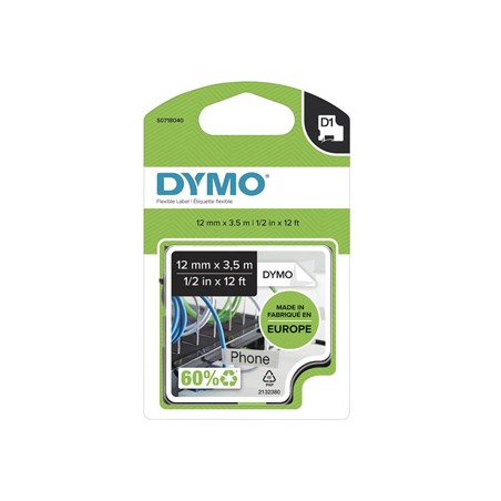 Dymo oryginalny taśma do drukarek etykiet, Dymo, 16957, S0718040, czarny druk/biały podkład, 3.5m, 12mm, D1 specjalna - elastycz