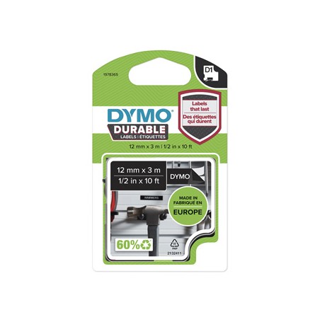 Dymo oryginalny taśma do drukarek etykiet, Dymo, 1978365, w kolorze białym druk/czarny podkład, 3m, 12mm, D1, trwałe winylowe