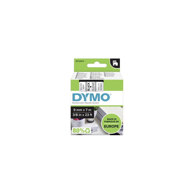 Dymo oryginalny taśma do drukarek etykiet, Dymo, 40910, S0720670, czarny druk/przezroczysta podkład, 7m, 9mm, D1