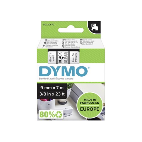 Dymo oryginalny taśma do drukarek etykiet, Dymo, 40910, S0720670, czarny druk/przezroczysta podkład, 7m, 9mm, D1
