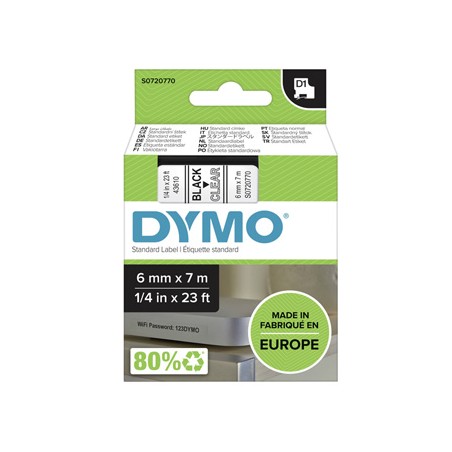 Dymo oryginalny taśma do drukarek etykiet, Dymo, 43610, S0720770, czarny druk/przezroczysty podkład, 7m, 6mm, D1