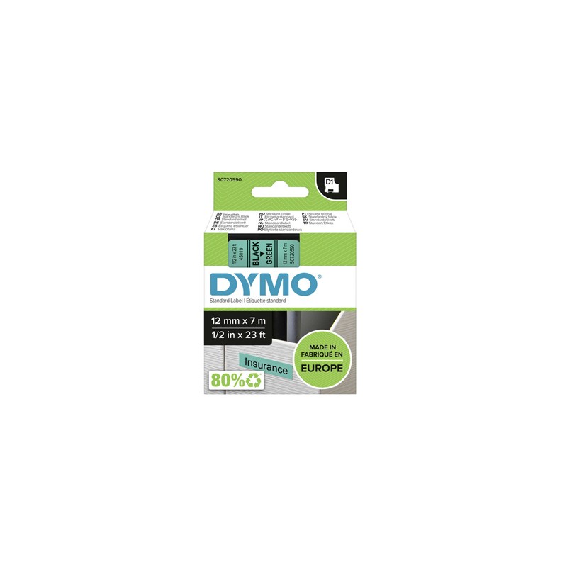 Dymo oryginalny taśma do drukarek etykiet, Dymo, 45019, S0720590, czarny druk/zielony podkład, 7m, 12mm, D1