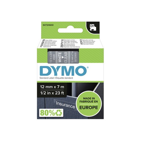 Dymo oryginalny taśma do drukarek etykiet, Dymo, 45020, S0720600, biały druk/przezroczysta podkład, 7m, 12mm, D1