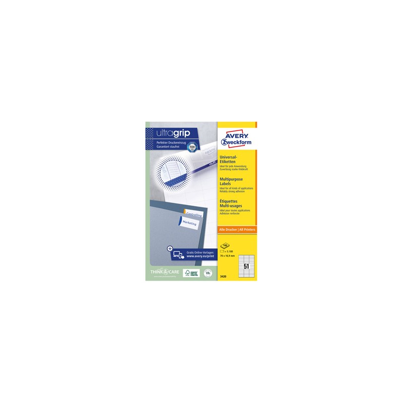 Avery Zweckform etykiety 70mm x 16.9mm, A4, białe, 51 etykiety, pakowane po 100 szt., 3420, do drukarek laserowych i atramentowy