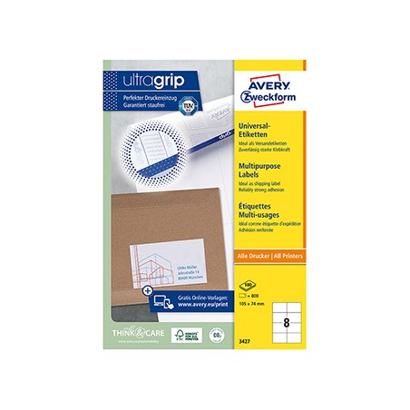 Avery Zweckform etykiety 105mm x 74mm, A4, białe, 8 etykiety, pakowane po 100 szt., 3427, do drukarek laserowych i atramentowych