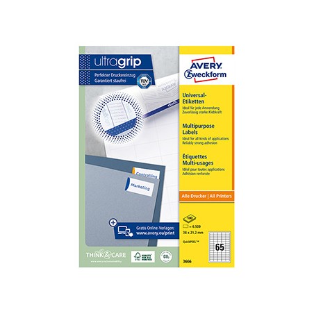 Avery Zweckform etykiety 38 x 21.2 mm, A4, białe, 65 etykiety, pakowane po 100 szt., 3666, do drukarek laserowych i atramentowyc