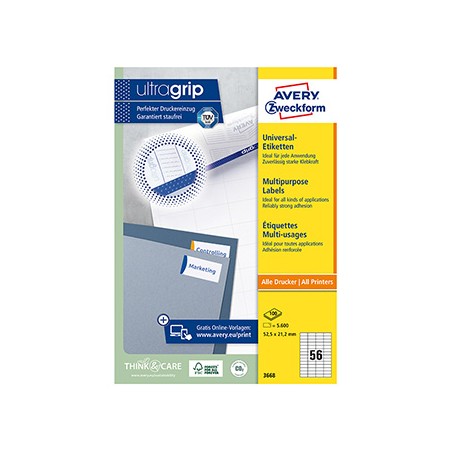 Avery Zweckform etykiety 52.5 x 21.2 mm, A4, białe, 56 etykiety, pakowane po 100 szt., 3668, do drukarek laserowych i atramentow