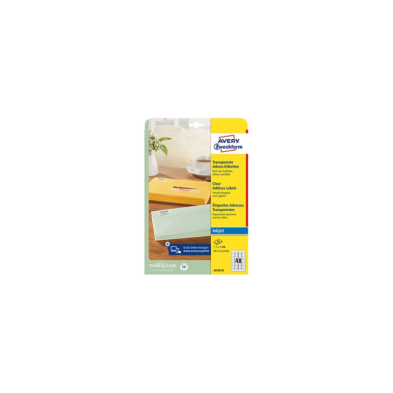 Avery Zweckform etykiety 45.7mm x 21.2mm, A4, przezroczysty, przezroczysta, 48 etykiety, adresowa, pakowane po 25 szt., J4720-25