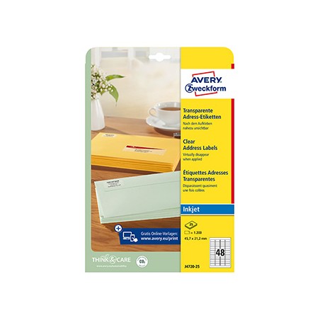 Avery Zweckform etykiety 45.7mm x 21.2mm, A4, przezroczysty, przezroczysta, 48 etykiety, adresowa, pakowane po 25 szt., J4720-25