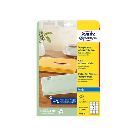 Avery Zweckform etykiety 63.5mm x 38.1mm, A4, przezroczysty, przezroczysta, 21 etykiety, adresowa, pakowane po 25 szt., J8560-25