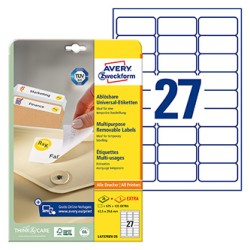 Avery Zweckform etykiety 63.5mm x 29.6mm, A4, białe, 27 etykiety, odłączana, pakowane po 25 szt., L4737REV-25, do drukarek laser