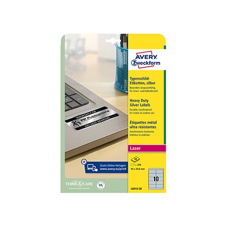 Avery Zweckform etykiety 96mm x 50.8mm, A4, srebrne, 10 etykiety, bardzo trwałe, pakowane po 20 szt., L6012-20, do drukarek lase