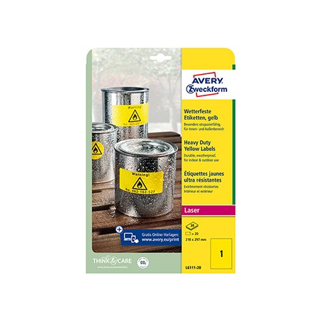 Avery Zweckform etykiety 210mm x 297mm, A4, żółte, 1 etykieta, bardzo trwałe, pakowane po 20 szt., L6111-20, do drukarek laserow