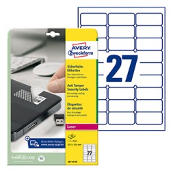 Avery Zweckform etykiety 63.5mm x 29.6mm, A4, białe, 27 etykiety, ostrzegawcza/zabezpieczająca, trwale przylegająca, pakowane po
