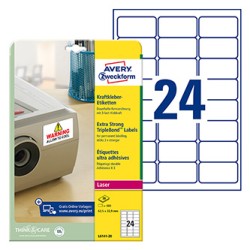 Avery Zweckform etykiety 63.5mm x 33.9mm, A4, białe, 24 etykiety, trzykrotnie silniejszy klej, pakowane po 20 szt., L6141-20, do
