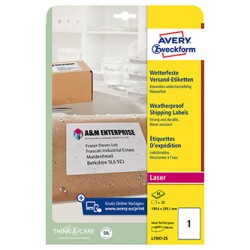 Avery Zweckform etykiety 199.6mm x 289.1mm, A4, białe, 1 etykieta, wodoodporny, pakowane po 25 szt., L7997-25, do drukarek laser