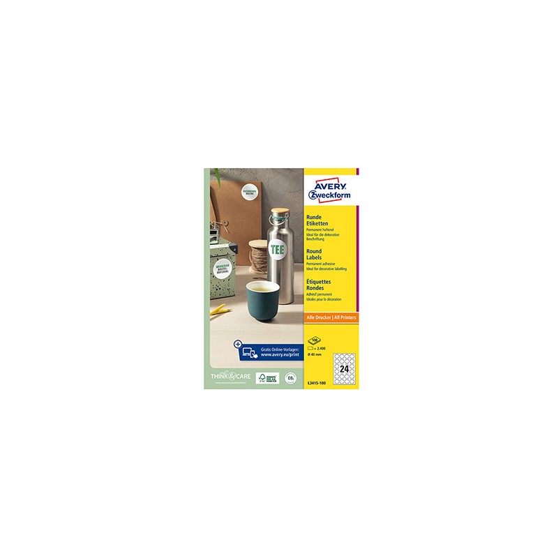 Avery Zweckform etykiety 40mm, A4, białe, 24 etykiety, pakowane po 100 szt., L3415-100, do drukarek laserowych i atramentowych