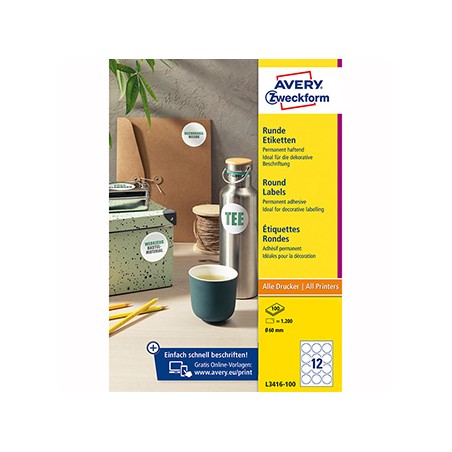 Avery Zweckform etykiety 60mm, A4, białe, 12 etykiety, pakowane po 100 szt., L3416-100, do drukarek laserowych i atramentowych