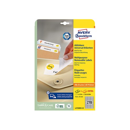 Avery Zweckform etykiety 17.8mm x 10mm, A4, białe, 270 etykiety, zdejmowane, pakowane po 25 szt., L4730REV-25, do drukarek laser