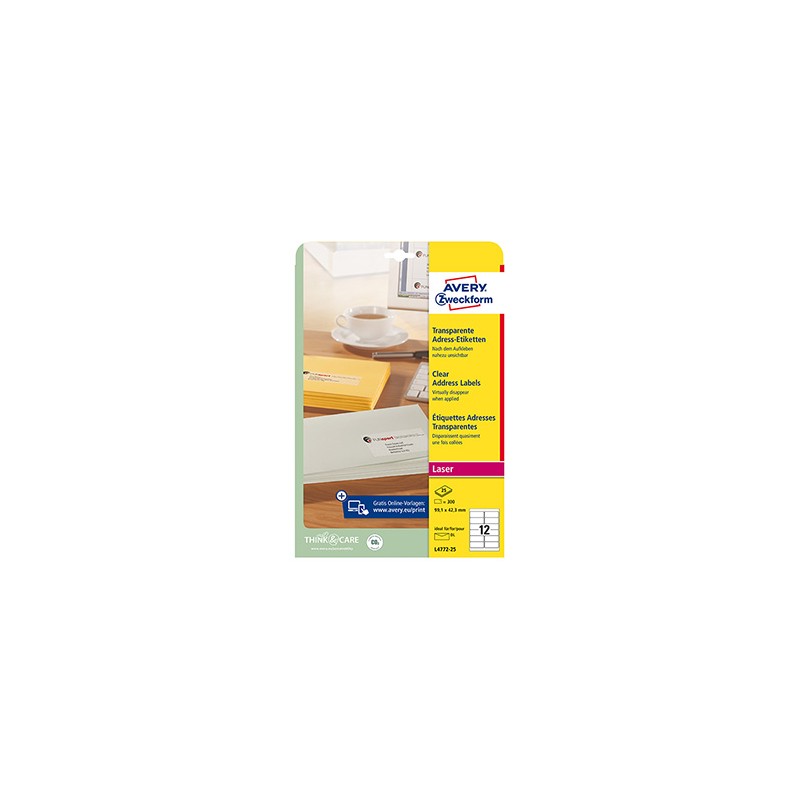 Avery Zweckform etykiety 99.1mm x 42.3mm, przezroczysty, przezroczysta, 12 etykieta, adresowa, pakowane po 25 szt., L4772-25, do