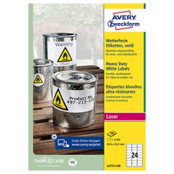 Avery Zweckform etykiety 63.5mm x 33.9mm, A4, białe, 24 etykiety, bardzo trwałe, pakowane po 100 szt., L4773-100, do drukarek la