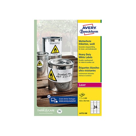 Avery Zweckform etykiety 63.5mm x 33.9mm, A4, białe, 24 etykiety, bardzo trwałe, pakowane po 100 szt., L4773-100, do drukarek la