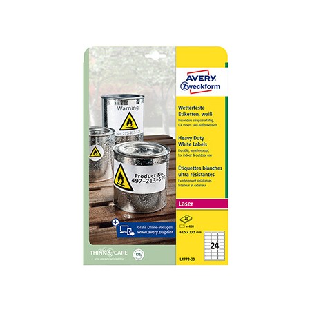 Avery Zweckform etykiety 63.5mm x 33.9mm, A4, białe, 24 etykiety, bardzo trwałe, pakowane po 20 szt., L4773-20, do drukarek lase