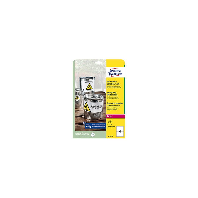 Avery Zweckform etykiety 99.1mm x 139mm, A4, matowe, białe, 4 etykiety, bardzo trwałe, pakowane po 20 szt., L4774-20, do drukare