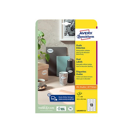 Avery Zweckform etykiety 63.5mm x 42.3mm, A4, białe, 18 etykiety, zdejmowane, pakowane po 25 szt., L6024REV-25, do drukarek lase