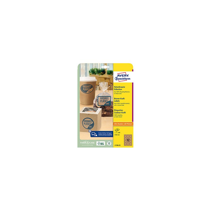 Avery Zweckform etykiety 60mm, A4, naturalnie brązowy, 12 etykiety, pakowane po 25 szt., L7106-25, do drukarek laserowych i atra