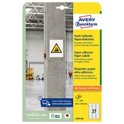Avery Zweckform etykiety 63.5mm x 29.6mm, A4, białe, 27 etykiety, o wysokiej przylepności, pakowane po 20 szt., L7874-20, do dru