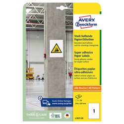 Avery Zweckform etykiety 210mm x 297mm, A4, białe, 1 etykieta, o wysokiej przylepności, pakowane po 20 szt., L7877-20, do drukar