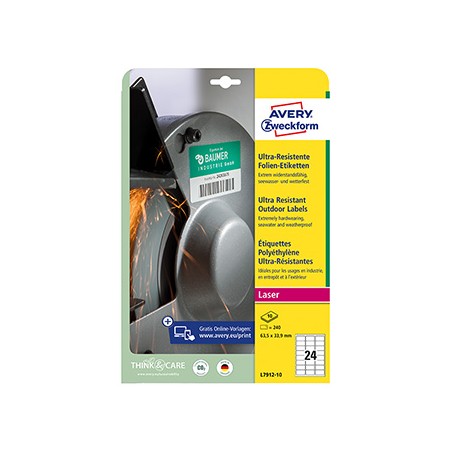 Avery Zweckform etykiety 63.5mm x 33.9mm, A4, matowe, białe, 24 etykiety, bardzo trwałe, pakowane po 10 szt., L7912-10, do druka