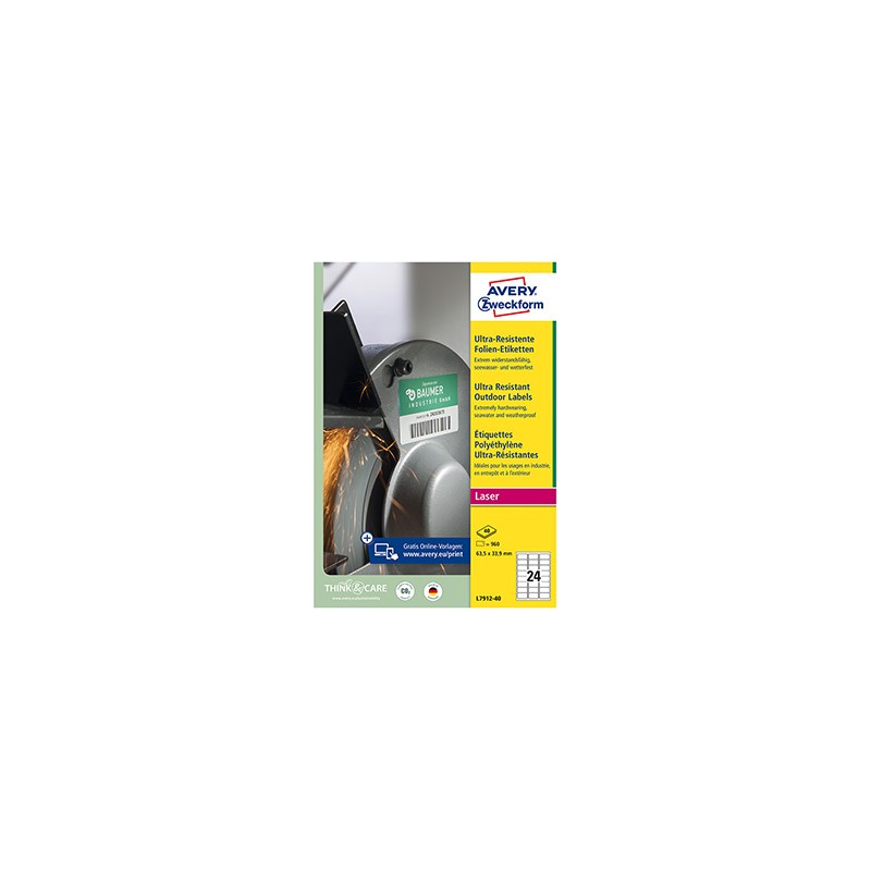 Avery Zweckform etykiety 63.5mm x 33.9mm, A4, matowe, białe, 24 etykiety, bardzo trwałe, pakowane po 40 szt., L7912-40, do druka