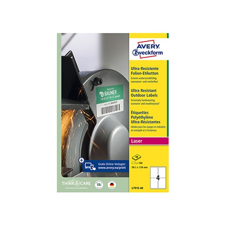 Avery Zweckform etykiety 99.1mm x 139mm, A4, białe, 4 etykiety, bardzo trwałe, pakowane po 40 szt., L7915-40, do drukarek lasero