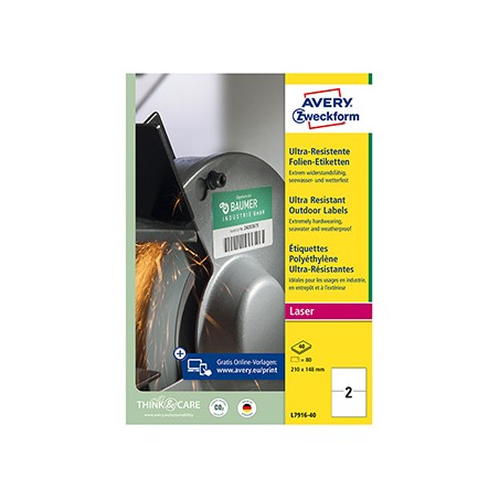 Avery Zweckform etykiety 210mm x 148mm, A4, białe, 2 etykiety, bardzo trwałe, pakowane po 40 szt., L7916-40, do drukarek laserow