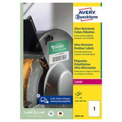 Avery Zweckform etykiety 210mm x 297mm, A4, matowe, białe, 1 etykieta, niezwykle odporne, pakowane po 40 szt., L7917-40, do druk