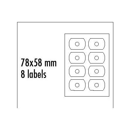 Logo etykiety na CD 78mm x 58mm, A4, matowe, białe, 8 etykiety, CD-R card, 140g/m2, pakowane po 10 szt., do drukarek atramentowy