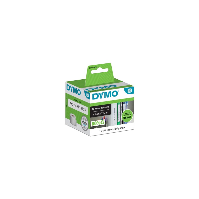 Dymo etykiety papierowe 190mm x 38mm, białe, na wąskie segregatory, 110 szt., 99018, S0722470