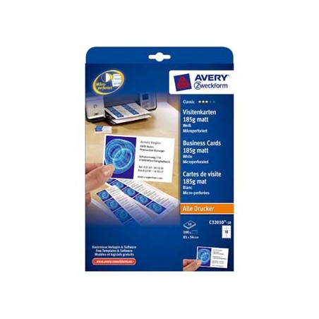 Avery Zweckform wizytówki, z gładka krawędzią, 10szt./A4 typ matowe, białe, A4, 185 g/m2, 85x54mm, 10 arkusza, do drukarek atram