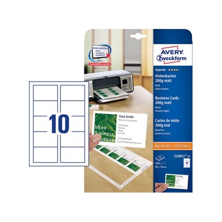 Avery Zweckform wizytówki, matowe, białe, A4, 200 g/m2, 85x54mm, 25 arkusza, do drukarek laserowych i atramentowych, O