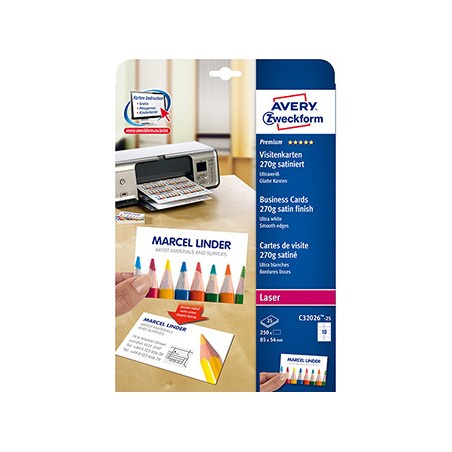 Avery Zweckform wizytówki, z gładka krawędzią, 10szt./A4 typ matowe, białe, A4, 270 g/m2, 85x54mm, 25 arkusza, do drukarek atram