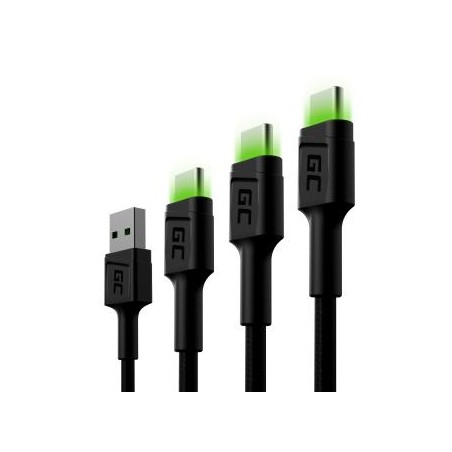 Zestaw 3x Green Cell kabel GC Ray USB-C kabel 30cm, 120cm, 200cm z green LED backlight, szybkie ładowania UC, QC 3.0