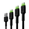 Zestaw 3x Green Cell kabel GC Ray USB-C kabel 30cm, 120cm, 200cm z green LED backlight, szybkie ładowania UC, QC 3.0